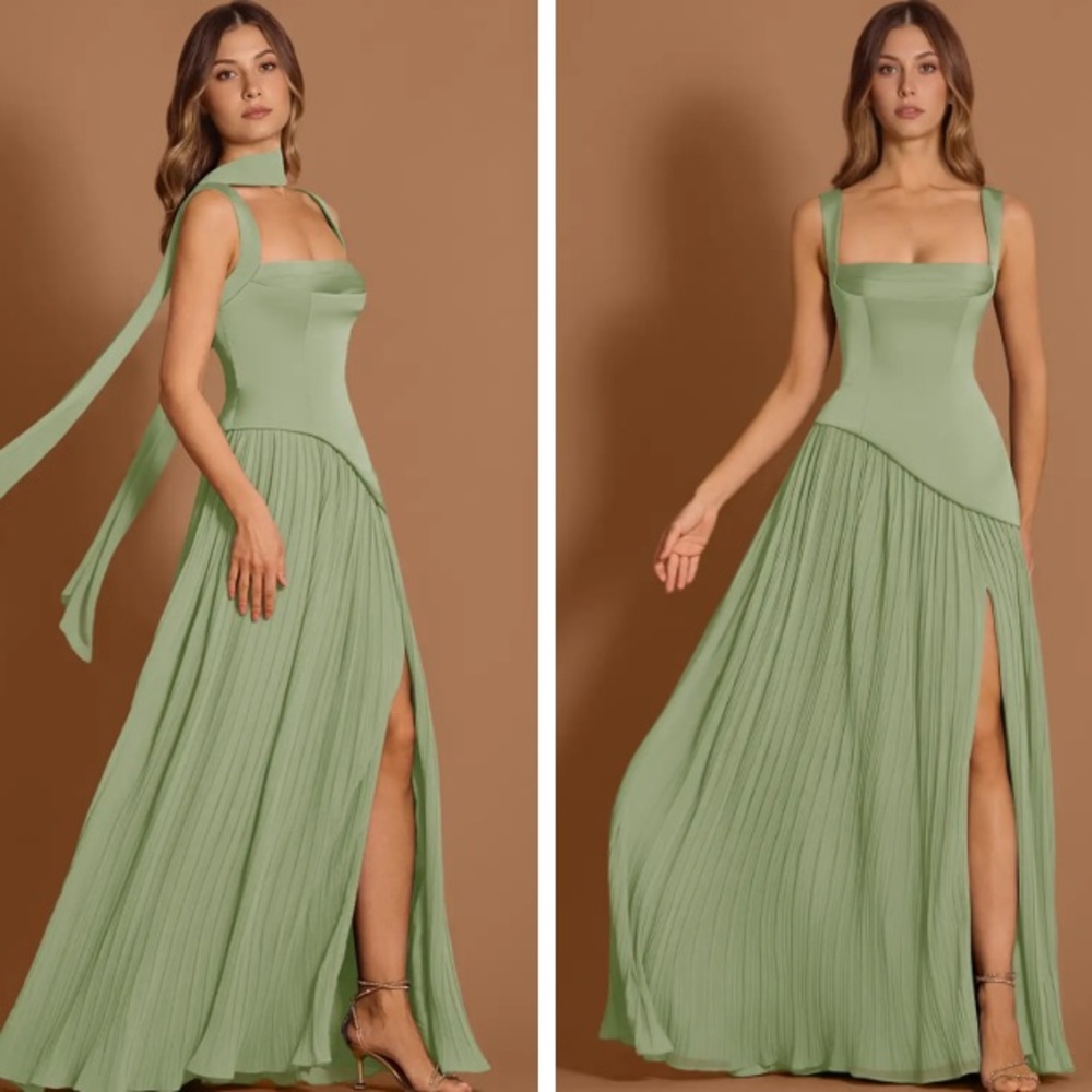 Azazie Sage Green Pleated Maxi Dress
